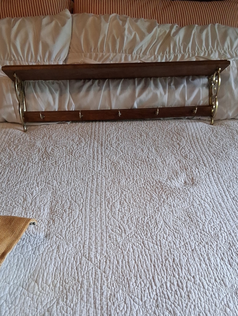 Wood Wall Shelf with Brass Bracket Hooks - Dark Brown